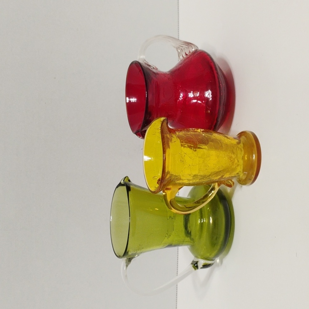 Vintage Mini Art Glass Vase Pitcher Set of 3 Crackle Applied Handle